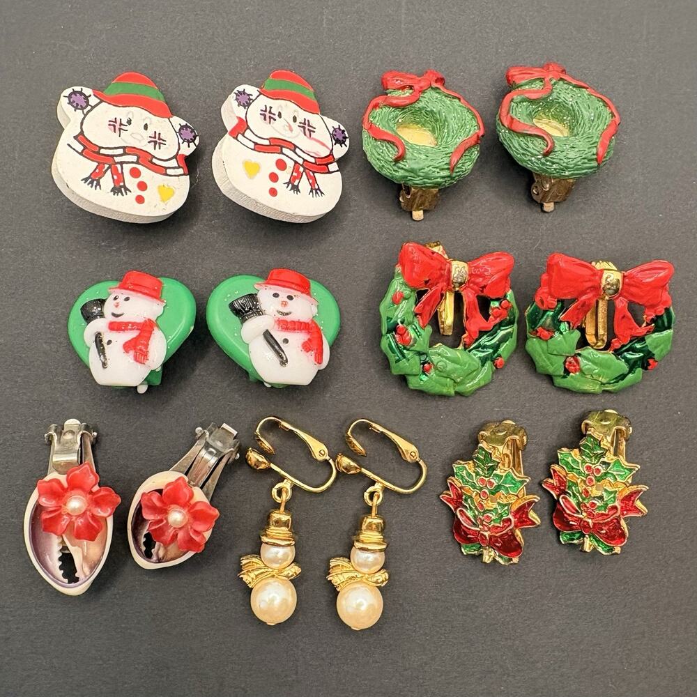 Lot of 7 Vintage Christmas Holiday Clip On Earrings Whimsy Colorful Snowmen